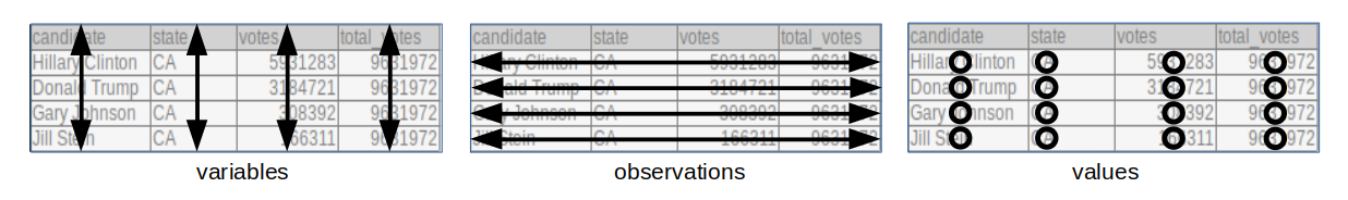 Tidy data table layout. Each variable has a column, each observation a row and each value a cell.